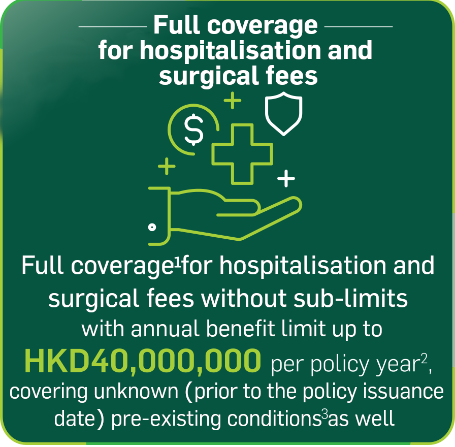 Full cover for hospitalisation and surgical fees without sub-limits, with an annual benefit limit of up to HKD40,000,000 per policy year, covering unknown pre-existing conditions as well