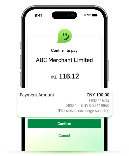 Hang Seng Mobile App QR code payment confirmation screen showing the merchant name, the HKD amount and the exchange rate