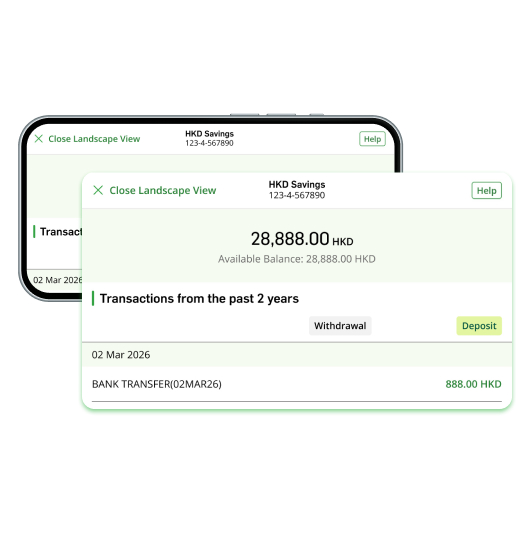 Checking a HKD Passbook Savings Account balance and transaction history with the Hang Seng e-Passbook in Landscape View