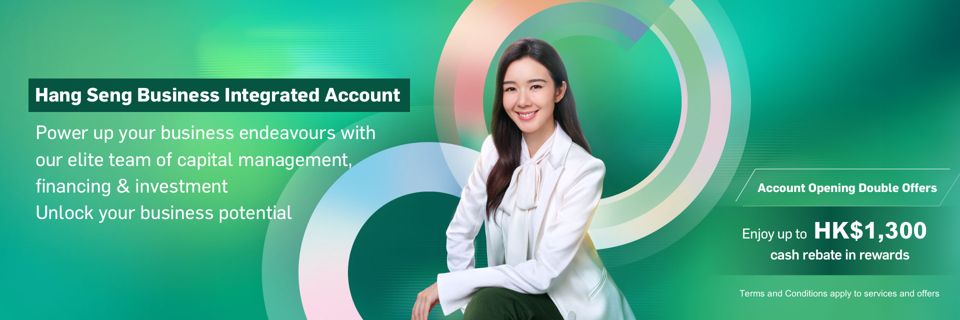 Hang Seng Business Integrated Account. Enjoy up to HK$1,300 cash rebates upon successful application with designated monthly average balance!