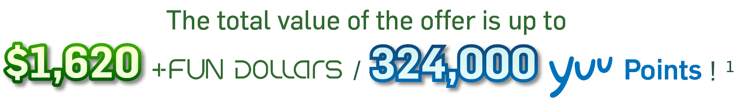 The total value of the offer is up to $1,620 +FUN Dollars / 324,000 yuu Points!1