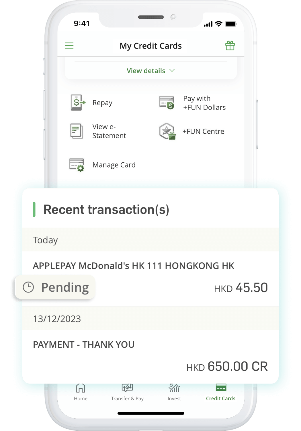 <div>View recent transaction records in one page, pending transactions will also be indicated here</div>