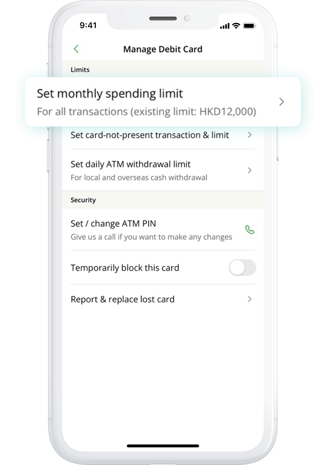 Set debit card monthly spending limit