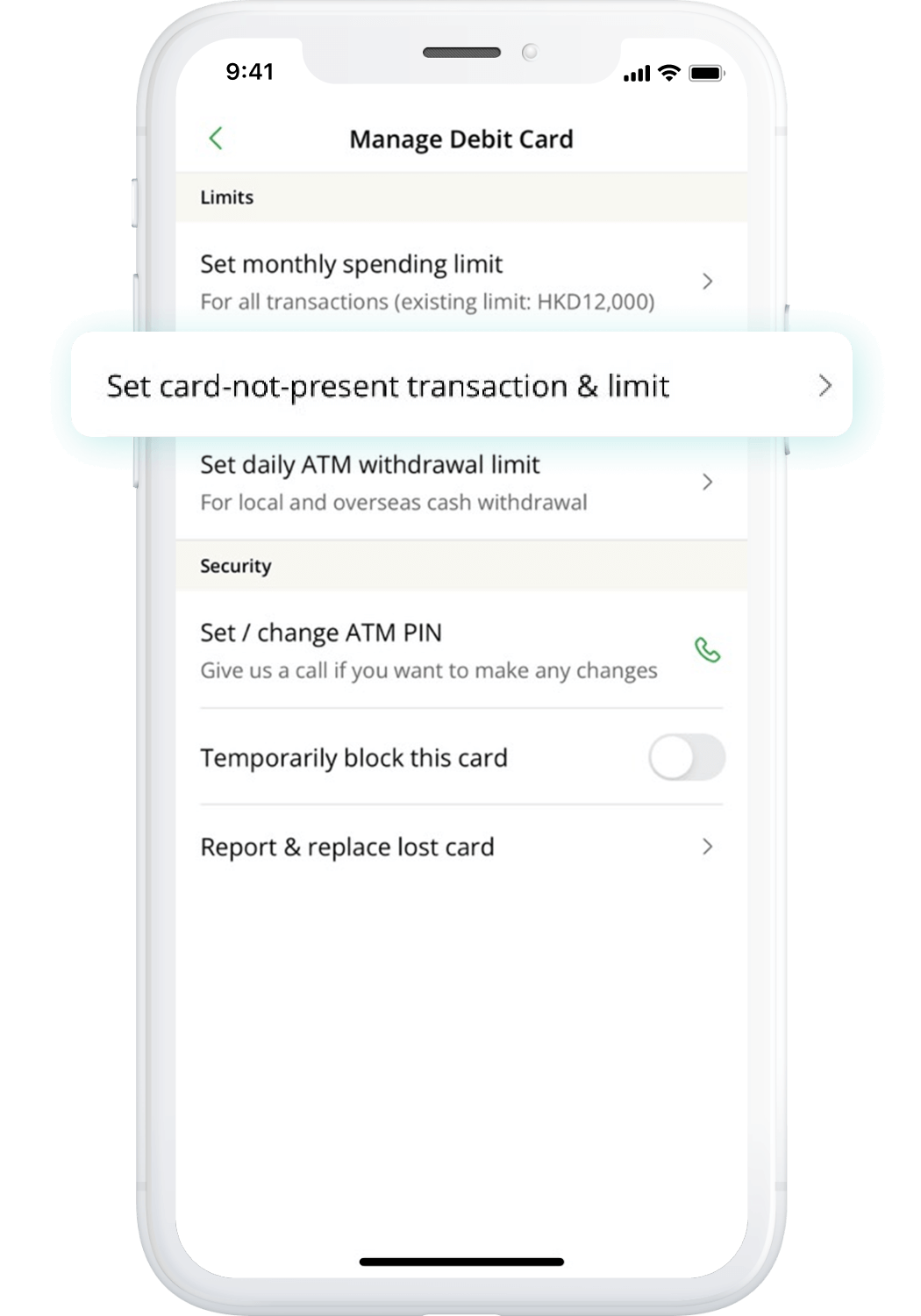 Manage card-not-present related settings, including enable or disable card-not-present transaction, and set card-not-present transaction limit